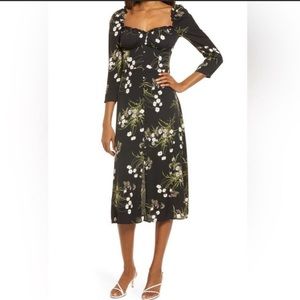 Reformation Black Floral Midi Dress Sweetheart Neck Puff Sleeve Slit Size 4